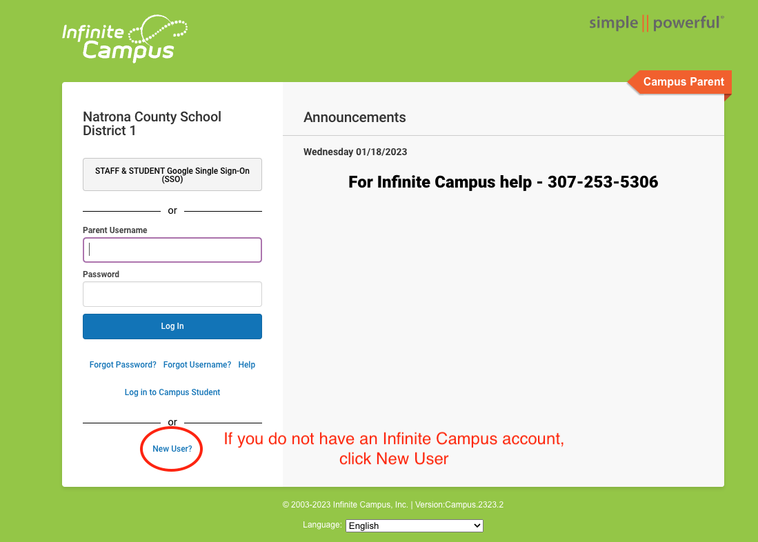 Infinite Campus New User page