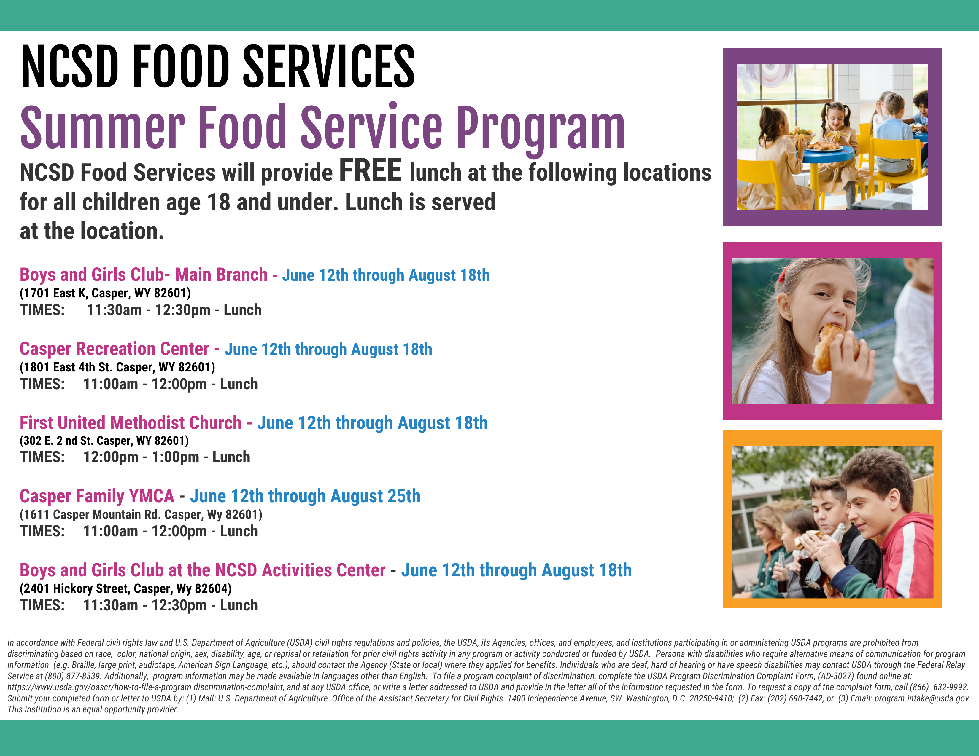 NCSD Food Services Summer Lunch Program locations, dates, and times