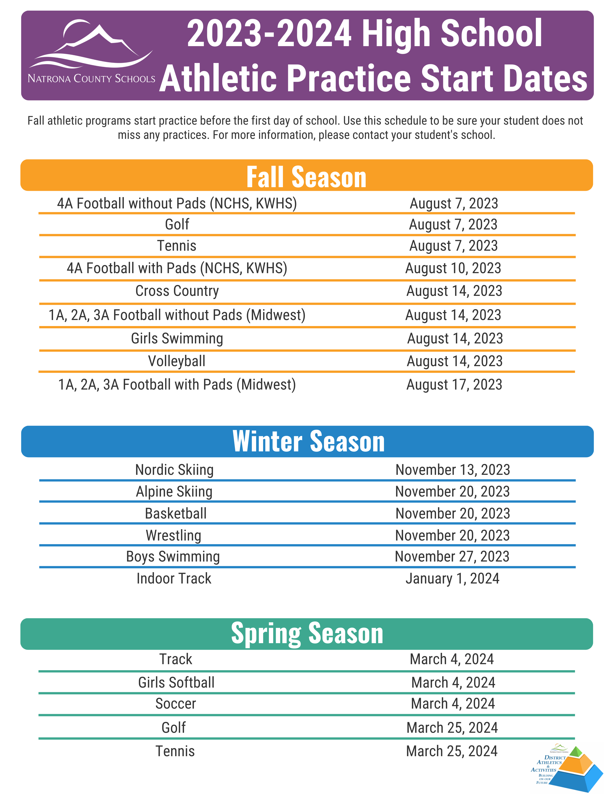 2023 - 2024 High School Athletic Practice Start Dates