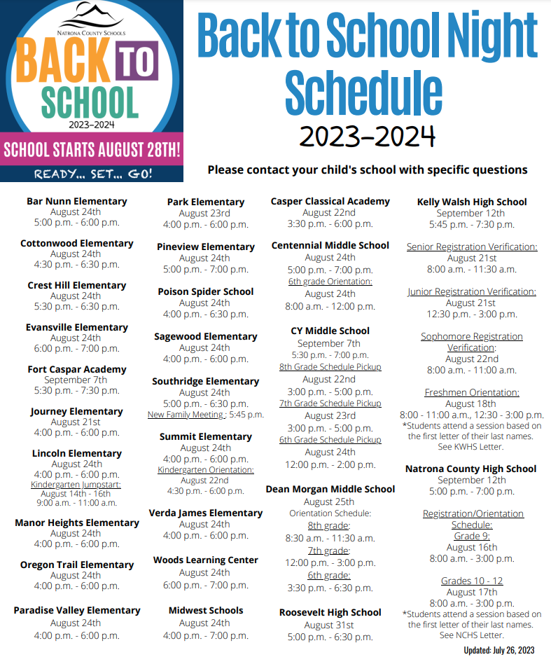 NCSD Back to School Night Schedule