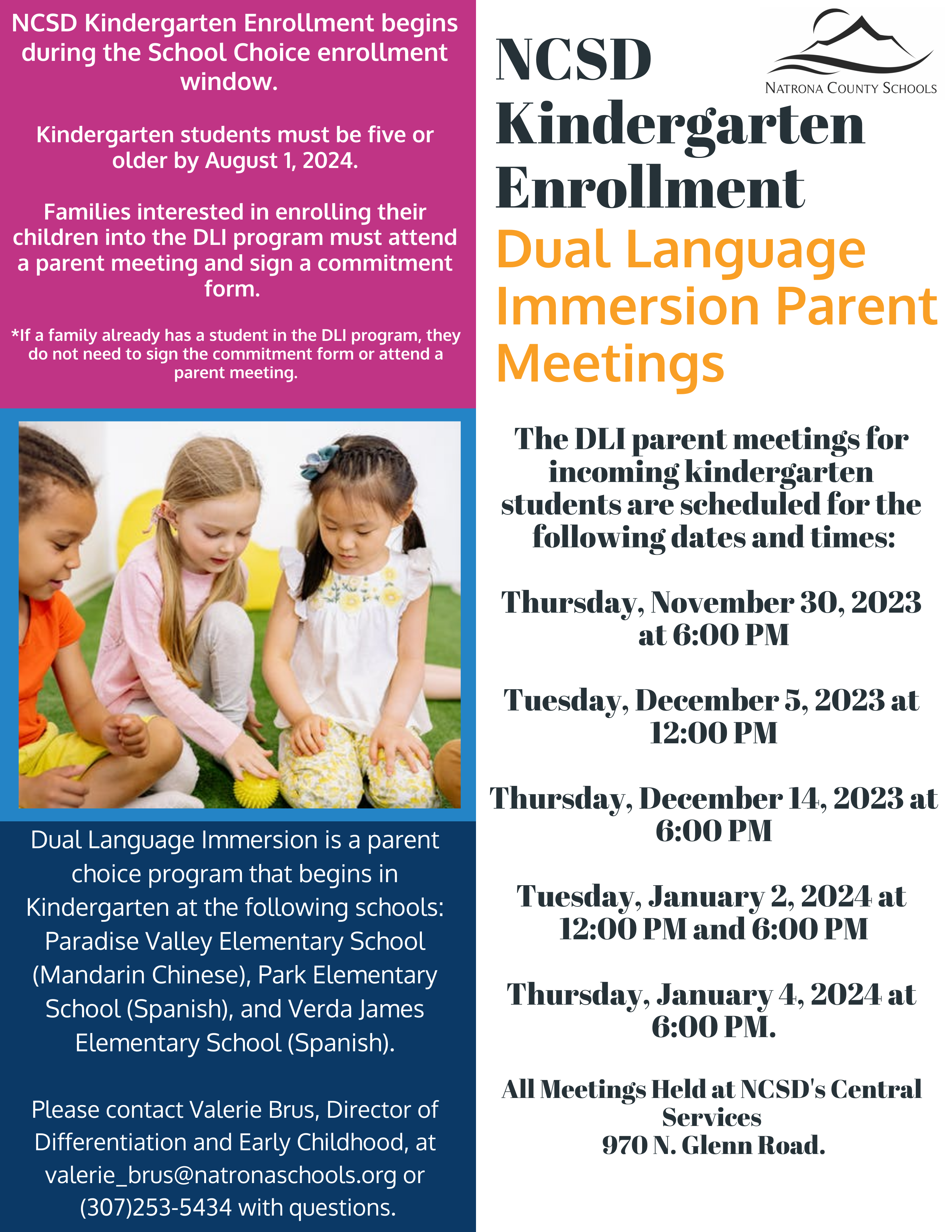 NCSD Kindergarten Enrollment Dula Language Immersion Parent Meetings flyer